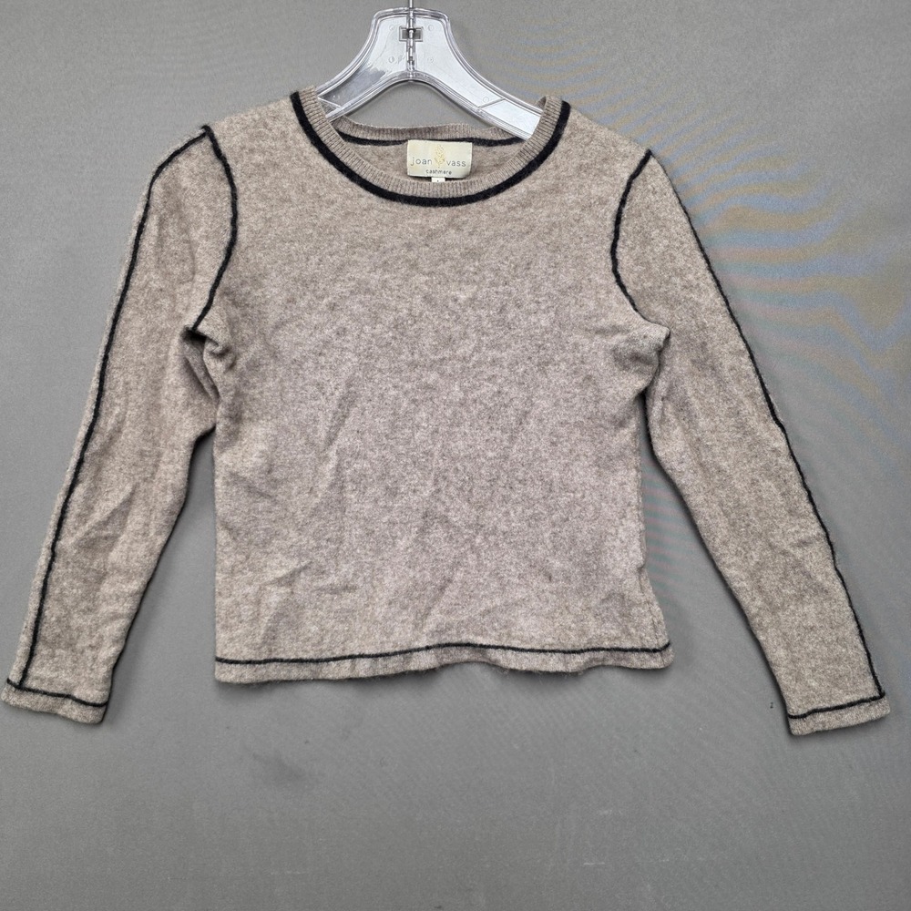 Joan Vass Sweater Women's Cashmere Contrast Trim Pullover Tan Large